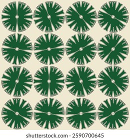 Seamless circular geometric pattern with intricate green radial designs on a beige background. Modern, abstract, and decorative for textiles, wallpapers, and backgrounds. 