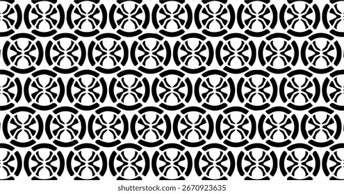 Patrón ornamental circular sin fisuras en blanco y negro con detalles geométricos.