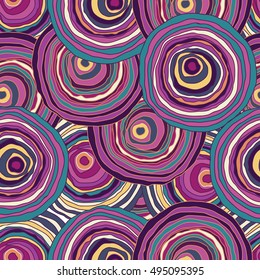 Seamless circular pattern is drawn by hand-vector illustration. the bright colored circles. Original print purple waves of the sea.