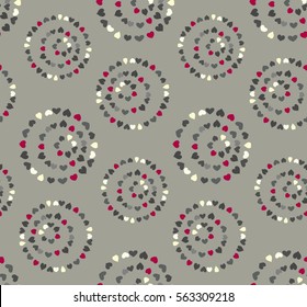 Seamless circular pattern. Heart signs, circle form garland. Texture of love symbols. Holiday, birthday, Valentine day, sale theme. Dark, white, red figures on gray background. Vector