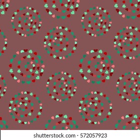 Seamless circular pattern. Heart signs, circle form garland. Texture of love symbols. Holiday, birthday, Valentine day, sale theme. Green, red figures on rosybrown background. Vector