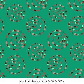 Seamless circular pattern. Heart signs, circle form garland. Texture of love symbols. Holiday, birthday, Valentine day, sale theme. Red, rosybrown figures on green background. Vector