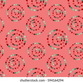 Seamless circular pattern. Heart signs, circle form garland. Texture of love symbols. Holiday, birthday, Valentine day, sale theme. Red, green figures on rosy background. Vector