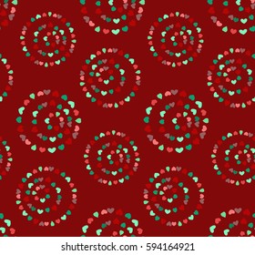 Seamless circular pattern. Heart signs, circle form garland. Texture of love symbols. Holiday, birthday, Valentine day, sale theme. Red, green figures on rosybrown background. Vector