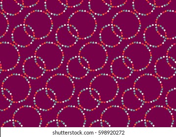 Seamless circular pattern. Heart signs, circle form garland. Texture of love symbols. Holiday, birthday, sale, dress design theme. Aqua, red, orange white silhouettes on magenta background. Vector