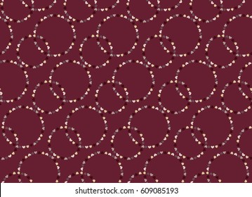 Seamless circular pattern. Heart signs, circle form garland. Texture of love symbols. Holiday, birthday, Valentine day, sale, dress design theme. Vinous, cream colored background. Vector