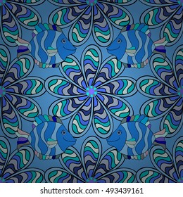 Seamless circular pattern. Ornamental texture. Blue and white graphics, painted by hand. For the design and decoration background, wallpaper, packaging, fabrics, textiles.