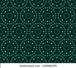 Seamless circular pattern of polka dot rings in shades of green.