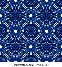 Seamless circular pattern. The rhythmic structure of circles and dots of different sizes, snowy schedule.
