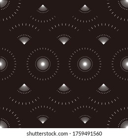 Seamless circular pattern with white lines and black background.