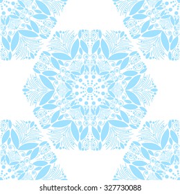 Seamless circular pattern of winter snowflakes. The structure of the complex shapes of snow.  Ornamental texture, winter flowers. 