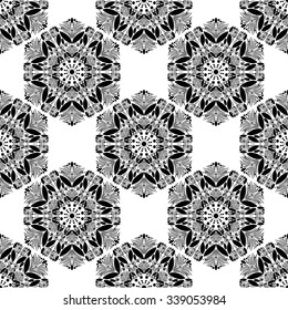 Seamless circular pattern for your design. Black and white graphics, painted hands. For the design and decoration background, wallpaper, packaging, fabrics, textiles. 