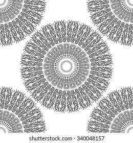 Seamless circular pattern for your design. Black and white graphics, painted hands. For the design and decoration background, wallpaper, packaging, fabrics, textiles.
