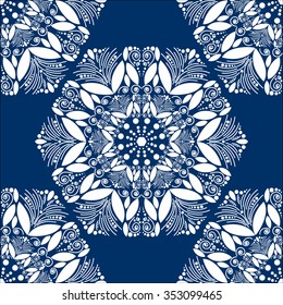 Seamless circular pattern for your design. Blue and white graphics, painted hands. For the design and decoration background, wallpaper, packaging, fabrics, textiles. 