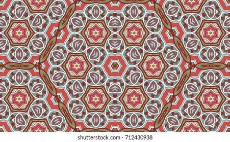 Seamless circular vector pattern. Colored decorative repainting background with tribal and ethnic motifs. Abstract floral geometric lace. Symmetrical flower ornament.