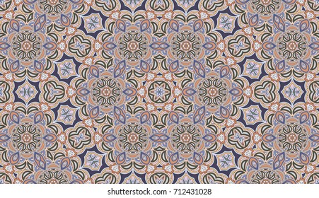 Seamless circular vector pattern. Colored decorative repainting background with tribal and ethnic motifs. Abstract floral geometric lace. Symmetrical flower ornament.