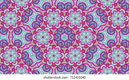 Seamless circular vector pattern. Colored decorative repainting background with tribal and ethnic motifs. Abstract floral geometric lace. Symmetrical flower ornament.