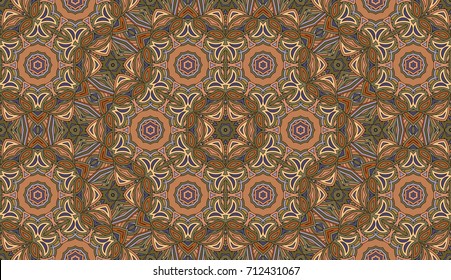 Seamless circular vector pattern. Colored decorative repainting background with tribal and ethnic motifs. Abstract floral geometric lace. Symmetrical flower ornament.