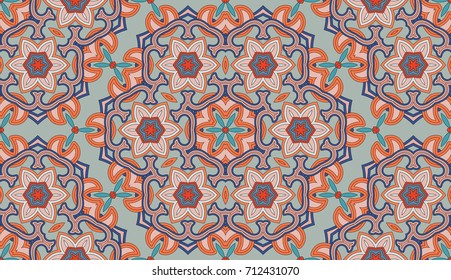 Seamless circular vector pattern. Colored decorative repainting background with tribal and ethnic motifs. Abstract floral geometric lace. Symmetrical flower ornament.
