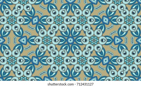 Seamless circular vector pattern. Colored decorative repainting background with tribal and ethnic motifs. Abstract floral geometric lace. Symmetrical flower ornament.