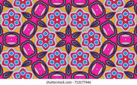 Seamless circular vector pattern. Colored decorative repainting background with tribal and ethnic motifs. Abstract floral geometric lace. Symmetrical flower ornament.