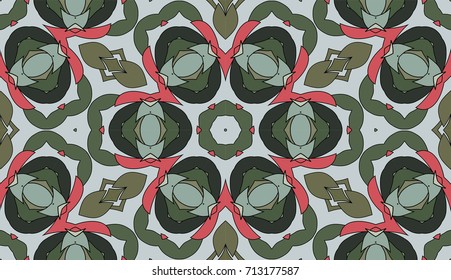 Seamless circular vector pattern. Colored decorative repainting background with tribal and ethnic motifs. Abstract floral geometric lace. Symmetrical flower ornament.