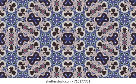 Seamless circular vector pattern. Colored decorative repainting background with tribal and ethnic motifs. Abstract floral geometric lace. Symmetrical flower ornament.