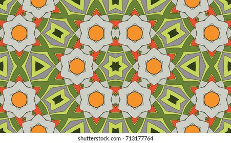 Seamless circular vector pattern. Colored decorative repainting background with tribal and ethnic motifs. Abstract floral geometric lace. Symmetrical flower ornament.