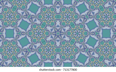 Seamless circular vector pattern. Colored decorative repainting background with tribal and ethnic motifs. Abstract floral geometric lace. Symmetrical flower ornament.