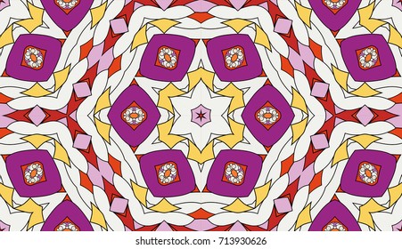 Seamless circular vector pattern. Colored decorative repainting background with tribal and ethnic motifs. Abstract floral geometric lace. Symmetrical flower ornament.