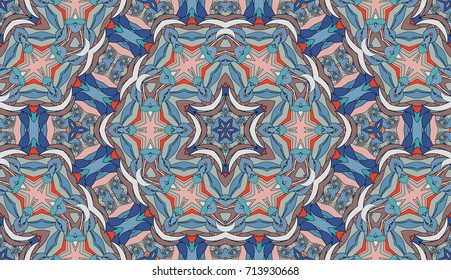 Seamless circular vector pattern. Colored decorative repainting background with tribal and ethnic motifs. Abstract floral geometric lace. Symmetrical flower ornament.