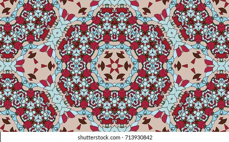 Seamless circular vector pattern. Colored decorative repainting background with tribal and ethnic motifs. Abstract floral geometric lace. Symmetrical flower ornament.