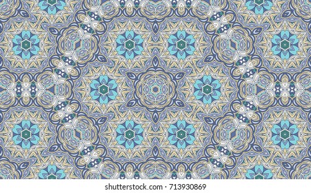 Seamless circular vector pattern. Colored decorative repainting background with tribal and ethnic motifs. Abstract floral geometric lace. Symmetrical flower ornament.