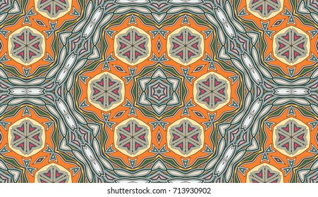 Seamless circular vector pattern. Colored decorative repainting background with tribal and ethnic motifs. Abstract floral geometric lace. Symmetrical flower ornament.