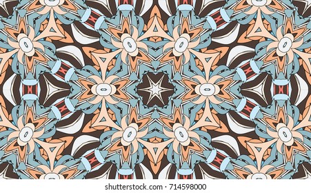 Seamless circular vector pattern. Colored decorative repainting background with tribal and ethnic motifs. Abstract floral geometric lace. Symmetrical flower ornament.