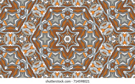 Seamless circular vector pattern. Colored decorative repainting background with tribal and ethnic motifs. Abstract floral geometric lace. Symmetrical flower ornament.