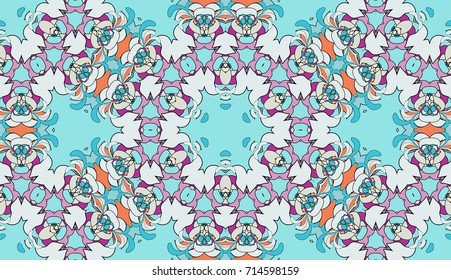 Seamless circular vector pattern. Colored decorative repainting background with tribal and ethnic motifs. Abstract floral geometric lace. Symmetrical flower ornament.