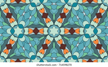 Seamless circular vector pattern. Colored decorative repainting background with tribal and ethnic motifs. Abstract floral geometric lace. Symmetrical flower ornament.