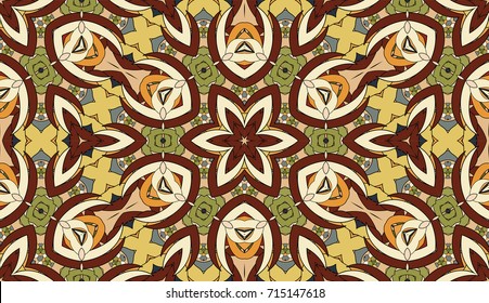 Seamless circular vector pattern. Colored decorative repainting background with tribal and ethnic motifs. Abstract floral geometric lace. Symmetrical flower ornament.