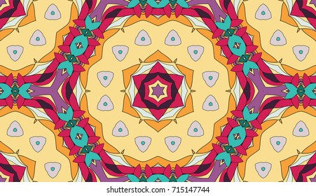 Seamless circular vector pattern. Colored decorative repainting background with tribal and ethnic motifs. Abstract floral geometric lace. Symmetrical flower ornament.