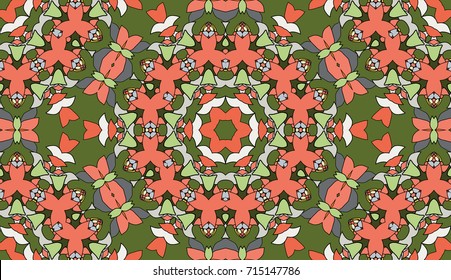 Seamless circular vector pattern. Colored decorative repainting background with tribal and ethnic motifs. Abstract floral geometric lace. Symmetrical flower ornament.