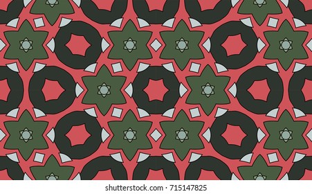 Seamless circular vector pattern. Colored decorative repainting background with tribal and ethnic motifs. Abstract floral geometric lace. Symmetrical flower ornament.