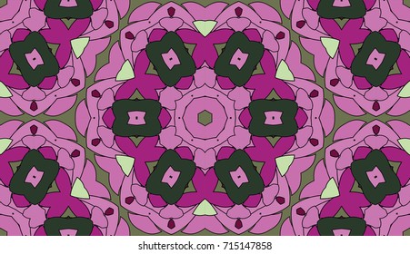 Seamless circular vector pattern. Colored decorative repainting background with tribal and ethnic motifs. Abstract floral geometric lace. Symmetrical flower ornament.