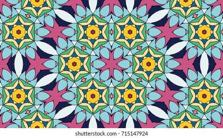 Seamless circular vector pattern. Colored decorative repainting background with tribal and ethnic motifs. Abstract floral geometric lace. Symmetrical flower ornament.
