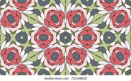 Seamless circular vector pattern. Colored decorative repainting background with tribal and ethnic motifs. Abstract floral geometric lace. Symmetrical flower ornament.