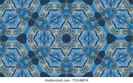 Seamless circular vector pattern. Colored decorative repainting background with tribal and ethnic motifs. Abstract floral geometric lace. Symmetrical flower ornament.