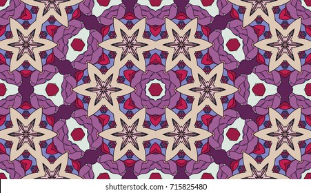 Seamless circular vector pattern. Colored decorative repainting background with tribal and ethnic motifs. Abstract floral geometric lace. Symmetrical flower ornament.