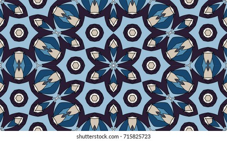 Seamless circular vector pattern. Colored decorative repainting background with tribal and ethnic motifs. Abstract floral geometric lace. Symmetrical flower ornament.