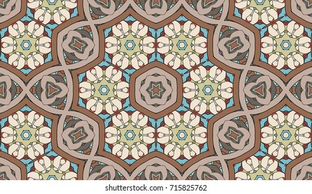 Seamless circular vector pattern. Colored decorative repainting background with tribal and ethnic motifs. Abstract floral geometric lace. Symmetrical flower ornament.
