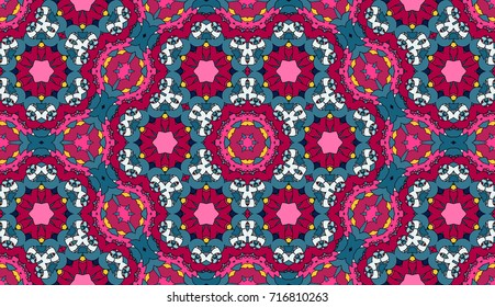 Seamless circular vector pattern. Colored decorative repainting background with tribal and ethnic motifs. Abstract floral geometric lace. Symmetrical flower ornament.